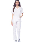 Unisex Medical Scrub Set Featuring V-Neck Top And Straight Leg Pants In Fresh White, worn by a nurse for hospital shifts.