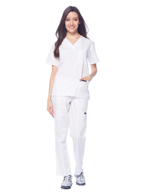 Unisex Medical Scrub Set Featuring V-Neck Top And Straight Leg Pants In Fresh White, worn by a nurse for hospital shifts.