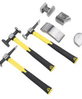 7 Piece Auto Body Repair Kit For Dent Fix And Bodywork With Carbon Steel Heavy Duty Dolly Set, hammers and dollys visible