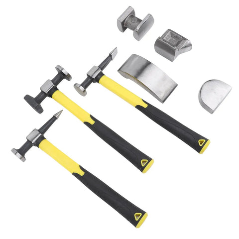 7 Piece Auto Body Repair Kit With Carbon Steel Hammer And Dolly Set For Dent Removal, tools displayed on white background