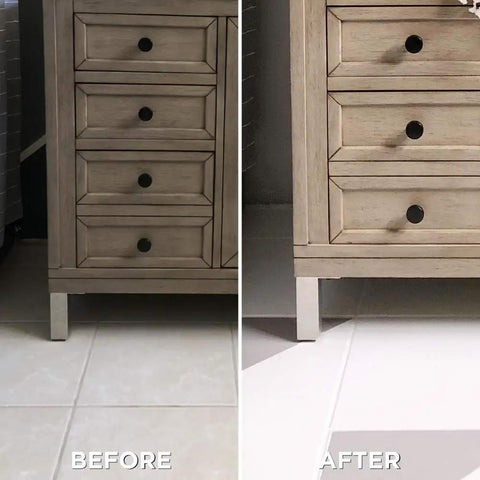 DIY Budget Friendly Floor Coating Kit For Home Interiors Semi Gloss Aged Gray Water Based Finish For Ceramic Tile Porcelain Tile Concrete Hardwood Laminate And Vinyl No Sanding Priming Or Stripping Needed showing before and after on tile floor.