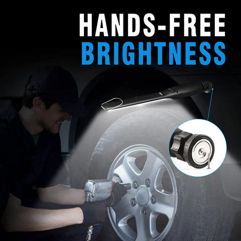 Mechanic using Ultra Bright 700 Lumen Rechargeable LED Work Light With Magnetic Base Cordless Portable COB LED Inspection Light on car tire