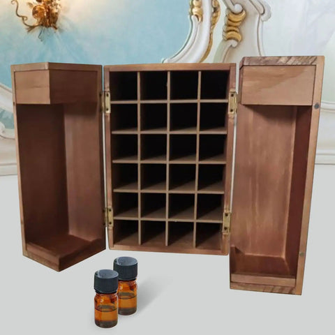 Badass Wooden Storage Box Featuring Twenty Four Compartments For Essential Oils And Perfume Collections with two vials.