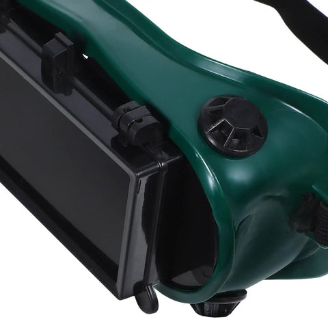 Close-up of Heavy Duty Flip Up Welding Goggles with anti-scratch shield designed for industrial eye protection.