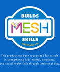 MESH logo with text 'Builds Skills', promoting mental, emotional, and social health benefits for kids through play.
