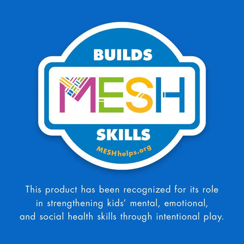 MESH logo with text 'Builds Skills', promoting mental, emotional, and social health benefits for kids through play.