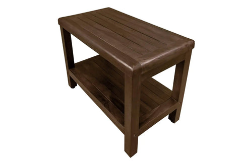 Eleganto 24 Inch Brown Waterproof Teak Shower Bench Stool With Non Slip Feet And Two Tier Storage Shelf For Inside Shower Bathroom Safety