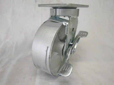 Hardcore Kingpinless Swivel Casters With Top Lock Brake 6X2 Inch Semi Steel Wheels Set Of Four 1200 Lb Load, side view showing brake mechanism.