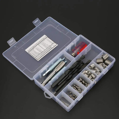 Heavy Duty Stainless Steel Thread Repair Kit With Tap Drill Tool Kick Ass Helicoil Wire Inserts For Stripped Auto Engine Blocks in organized case.