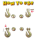 Instructional image showing steps to use Five Sixteenths Inch Chain Hook G70 Clevis Grab Hooks Trailer Safety Chains 4 Pack.