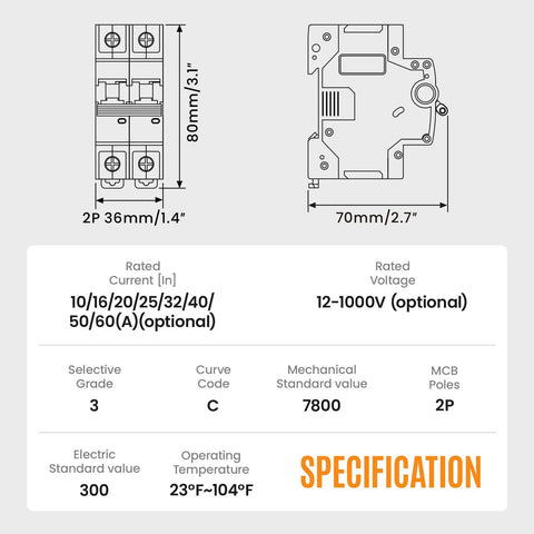 Dimensions and specifications of DC Miniature Circuit Breaker 32A 1000V 2P Solar DIN Rail Mount for Solar Panels