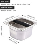 Top Shelf Stainless Steel Coffee Knock Box With Solid Wood Base Massive Grounds Bin and Game Changing Tamper Stand, dimensions and handle shown.