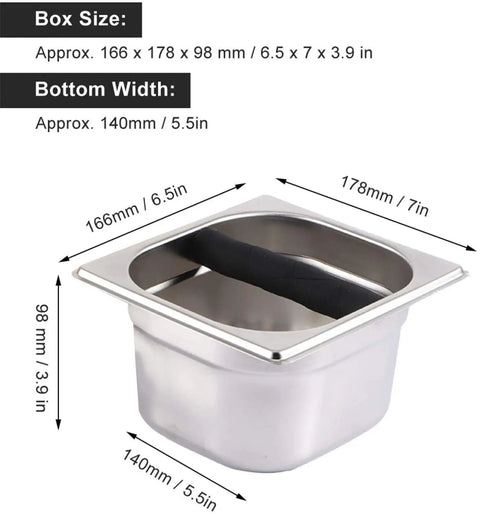 Top Shelf Stainless Steel Coffee Knock Box With Solid Wood Base Massive Grounds Bin and Game Changing Tamper Stand, dimensions and handle shown.