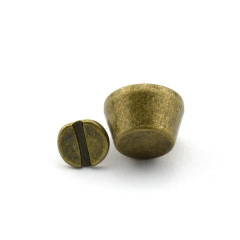 25 Pack Solid Brass Cone Spike Screw Back Studs For Purse And Handbag Feet Heavy Duty Antique Bronze showing cone and screw.