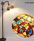 Stained Glass Tiffany Style Floor Lamp Standing 62 Inches Tall With Inlaid Crystal Accents Soft Warm Light Arched Adjustable Reading Lamp
