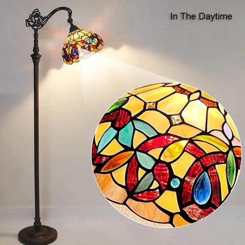 Stained Glass Tiffany Style Floor Lamp Standing 62 Inches Tall With Inlaid Crystal Accents Soft Warm Light Arched Adjustable Reading Lamp
