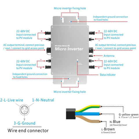 Diagram of a 1600W Micro Grid Tie Inverter With WiFi Waterproof MPPT Stackable DC 22 To 60V Input And 120V 230V Pure Sine Wave Output