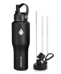 Built Tough 32 Oz Stainless Steel Water Bottle With Straw Cap And Wide Mouth Double Wall Vacuum Insulation Keeps Your Drinks Frosty Or Boiling Through Road Trips And Gym Hacks Without Drip Drama Slim Fit Slips Right Into Cup Holders Black with straw and brush.