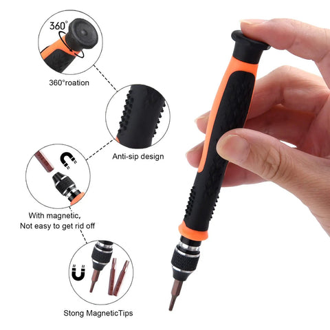 Hand holding 10 In 1 Interchangeable Magnetic Torx Screwdriver Set with magnetic handle and 10 bits, showing anti-slip design