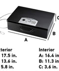 Portable Steel Lock Box With Tether Cable For Stashing Laptops, Phones And Valuables, Keyless Combination Safe For Home Or Office, Half Cubic Foot Capacity, Heavy Duty Security You Can Attach To A Desk Or Vehicle, dimensions showing exterior and interior size