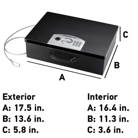 Portable Steel Lock Box With Tether Cable For Stashing Laptops, Phones And Valuables, Keyless Combination Safe For Home Or Office, Half Cubic Foot Capacity, Heavy Duty Security You Can Attach To A Desk Or Vehicle, dimensions showing exterior and interior size