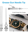 All In One Pro Grade Grease Gun Fittings Kit showing needle tip, 90 degree coupler, and gear lubrication in automotive setting.