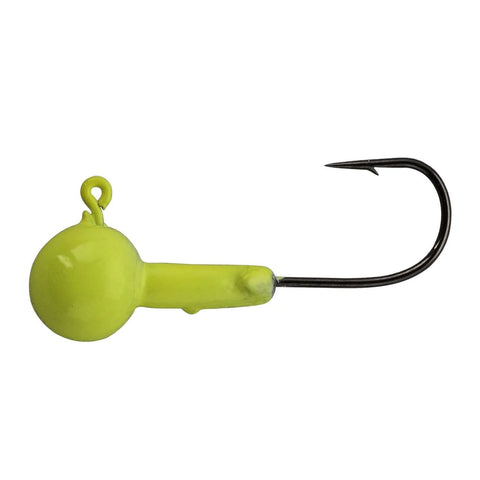 Double Cross 25 Pack Jig Heads Chartreuse One Eighth Ounce With Sharp Black Nickel Size Three Hook Eyes Open Designed For Crappie Fishing And Maximized Plastic Retention close-up view