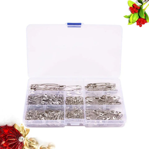 450 Pack Real Deal Iron Safety Clasp Pins For Crafting And Tailoring shown in a transparent organizer box.