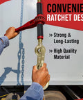 Four Pack Ratchet Chain Binders With Rubber Grips For Flatbed Hauling, shown in use with closed body lever and G70 eye grab hooks.