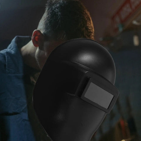 Handheld Welding Helmet With Flip Up Movable Lens Anti Glare Welder Mask For Cutting And Grinding Pro Grade Ergonomic Design Plastic Welding Protective Gear Black shown on mannequin
