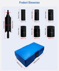 Drive Shaft Puller Extractor Tool Set For Cars, 7 Piece Removal Kit, showing six adapters and blue carrying case with dimensions