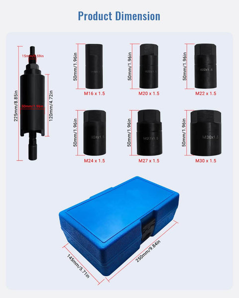 Drive Shaft Puller Extractor Tool Set For Cars, 7 Piece Removal Kit, showing six adapters and blue carrying case with dimensions