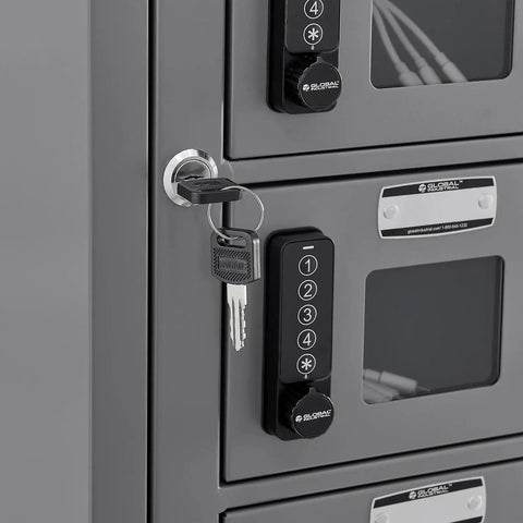 Close-up of Secure 24 Door Clear View Cell Phone Charging Locker With USB C Micro Lightning Ports, grey keypad and key.