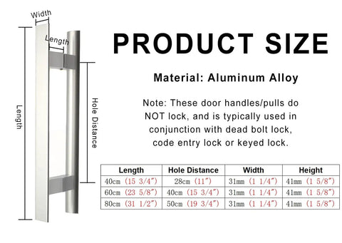 Size chart for Aluminum Door Pull Push Handle for Glass Or Wood Doors, Smooth Polished Surface, Contemporary Garage Shed Door Hardware