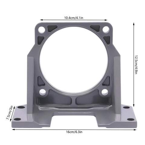 Gray motor mounting bracket for AC gear motor; circular opening for motor, with bolt holes and base flange.