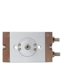 Heavy Duty Rack And Pinion Rotary Actuator Built Tough CRQ2B Series front view with aluminum body and ports for pneumatic connection.