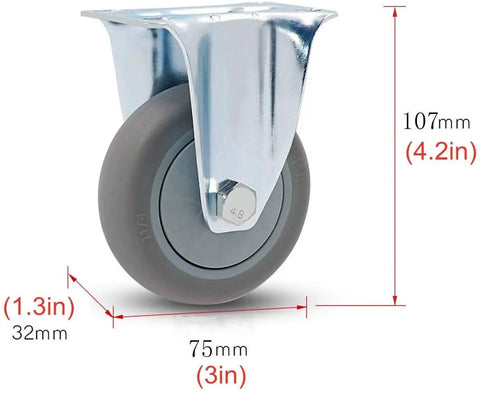 Built Tough Heavy Duty Caster Wheels Roll Like A Dream With Silent Glide 360 Degree Swivel Smooth Rubber Rollers For Everyday Furniture And Workbench Upgrade Three Inch Four Pack showing 3-inch gray wheel with metal mount and height measurements.