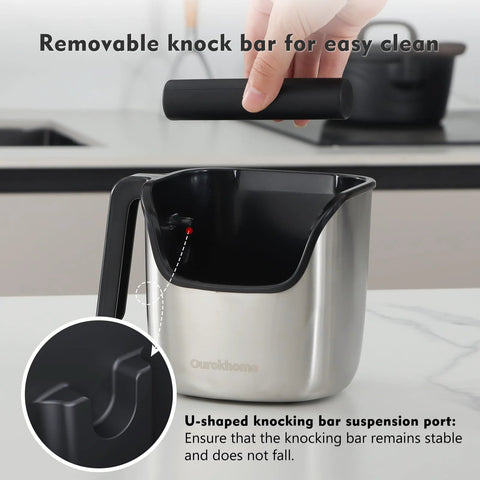 Ourokhome knock box, stainless steel body with black lid, removable knock bar, dishwasher safe, 4.8-inch front view
