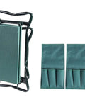 Garden Kneeler Seat With Handles, Folding Bench Kneeling Stool With Storage Bags, Multi Purpose Kneeling Pad Chair For Weeding And Planting, Lightweight Steel Frame, Extra Wide Cushioned Pad, Easy Fold And Carry, shown folded with two green tool bags