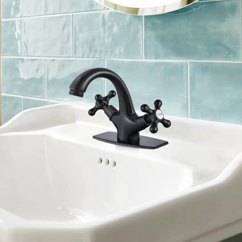 Old School Oil Rubbed Bronze Bathroom Sink Faucet With Single Hole, Double Cross Handles, Pop Up Drain on white basin