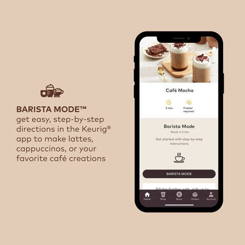 Smart WiFi Single Serve Coffee Maker For Home Baristas That Delivers Coffee Lattes And Cappuccinos With Built In Frother BrewID Pod Recognition And Six Brew Sizes Black displayed on smartphone app interface