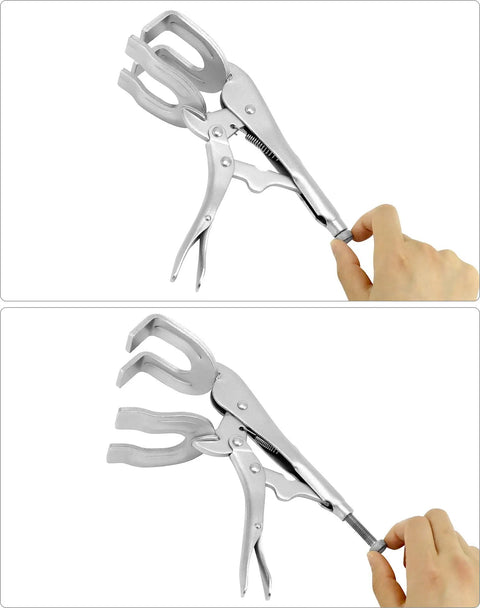 Beefy 9 Inch Locking Pliers Set For Welding And Metalwork 4 Pack Quick Lock Release Clamps With Adjustable Tension in hand.