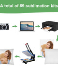Diagram showing the use of 89Pcs Sublimation Blanks Kit For DIY Heat Press Projects, with camera, laptop, printer, and heat press