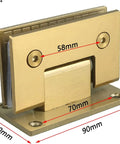 Heavy Duty Brushed Gold Shower Door Hinges With Double Pivot Design And Anti Slip Gasket Built Tough As Nails From 304 Stainless Steel, shown with dimensions.