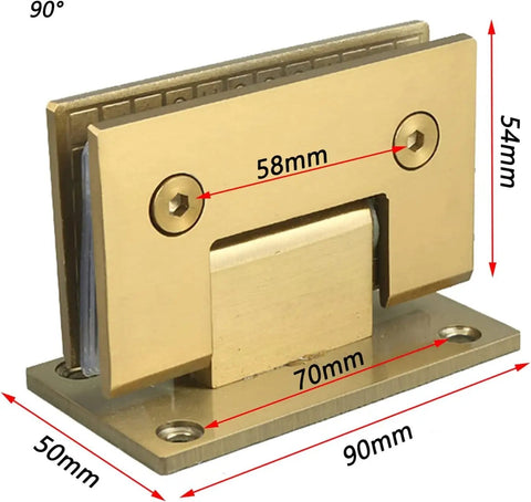 Heavy Duty Brushed Gold Shower Door Hinges With Double Pivot Design And Anti Slip Gasket Built Tough As Nails From 304 Stainless Steel, shown with dimensions.