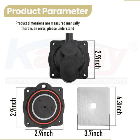 Product dimensions of Air Pump Rebuild Complete Kit For 60 And 80 Aerators with white switch, includes seals, shown in size details.