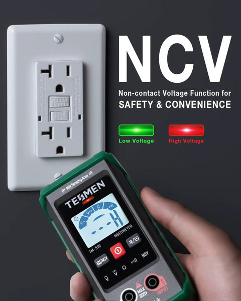 Smart Auto Range Digital Multimeter 4000 Counts For Home DIY Projects No-Brainer For Measuring AC And DC Voltage Resistance And Continuity Non Contact Voltage Tester Easy Auto Mode Handy Green in use with wall socket