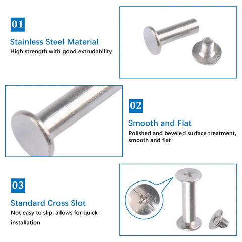 Kickass Chicago Binding Screws With Phillips Cross Head Design Heavy Duty Carbon Steel Stud Posts and Nickel Plated Rivet Kit for Hella Durable Scrapbooking and Zine Crafting, stainless steel design with smooth surface and cross slot.