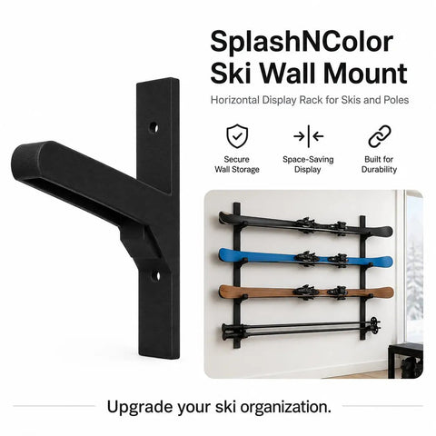 Kick Ass Ski Wall Mount Horizontal Display Rack For Poles And Boards Rock Solid Screw In black wall mount with skis displayed.