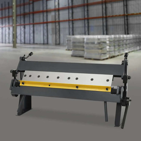 Industrial Beefy 24 Inch Sheet Metal Bending Machine With Adjustable Removable Fingers Hand Brake shown in a warehouse setting